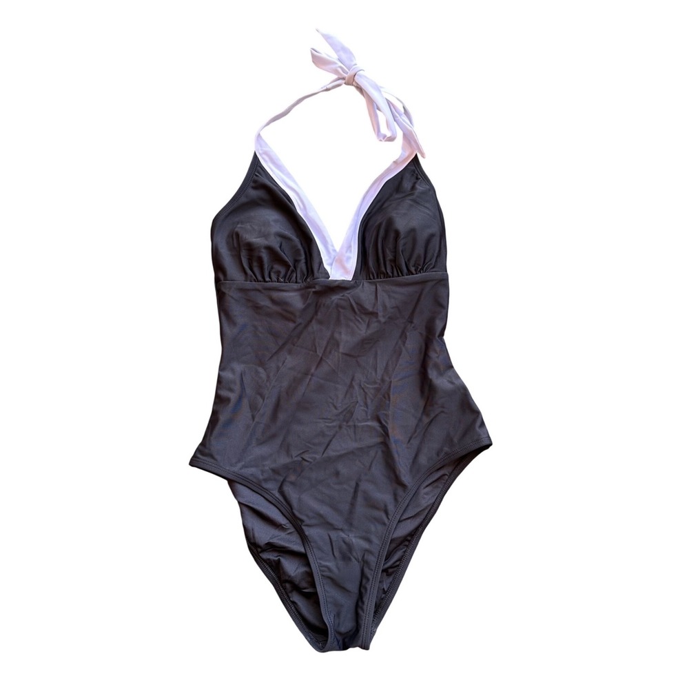 Cupshe Womens Black White Halter One Piece Swimsuit Tummy Contouring Size M NEW